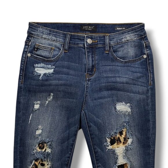 Judy Blue Workin It Leopard Patch Skinny Fit Jeans Womens 28 Distressed Mid Rise - Picture 2 of 12